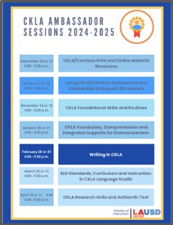 Flyer for the CKLA Ambassador Sessions which includes dates of sessions for the 2024-25 school year